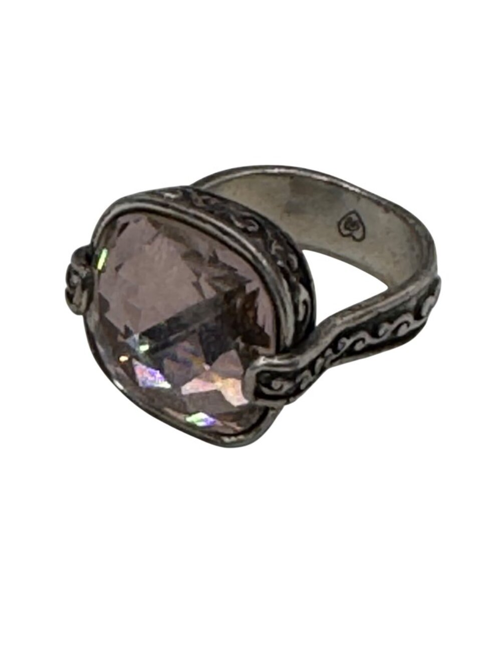 Brighton Smoky Quartz Silver Tone Ring Faceted Crystal Stone Filigree Band Sz 7